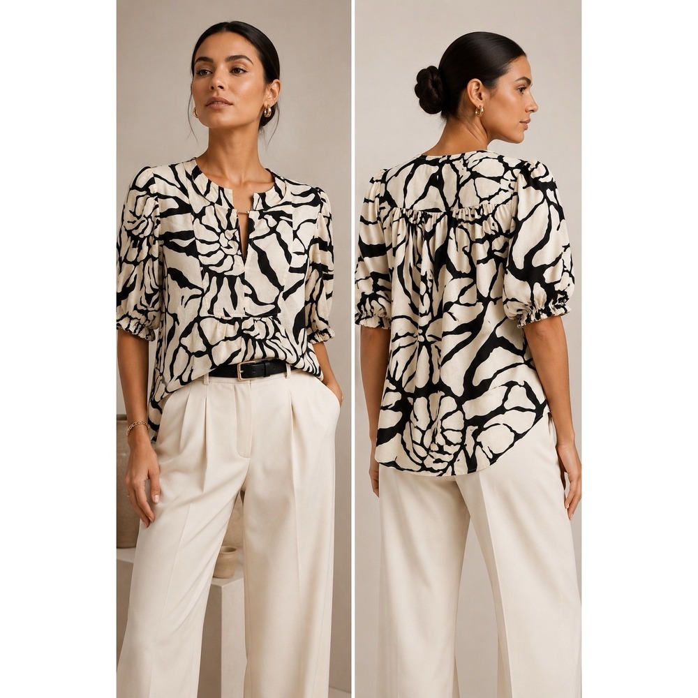 Rachel Zoe Linen Blend Blouse Womens L Black‎ White Puff Sleeve Luxury Top